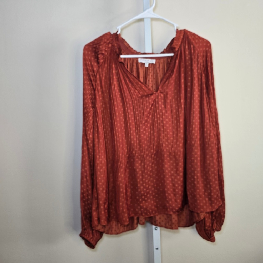 Current Air Rust Orange Polka Dot Pleated Long Sleeve Blouse Women's M‎